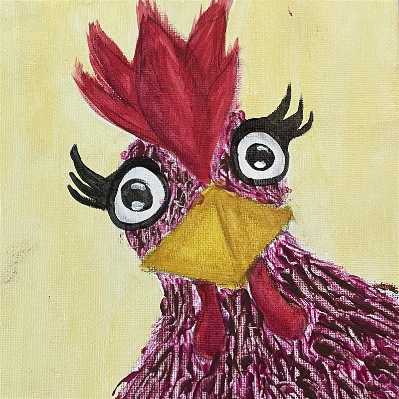 Painting of a chicken with long eyelashes